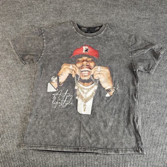 ROMWE Shirt Mens Medium Black Gray Acid Wash Active Lifestyle Graphic Tee Fade - Picture 1 of 12